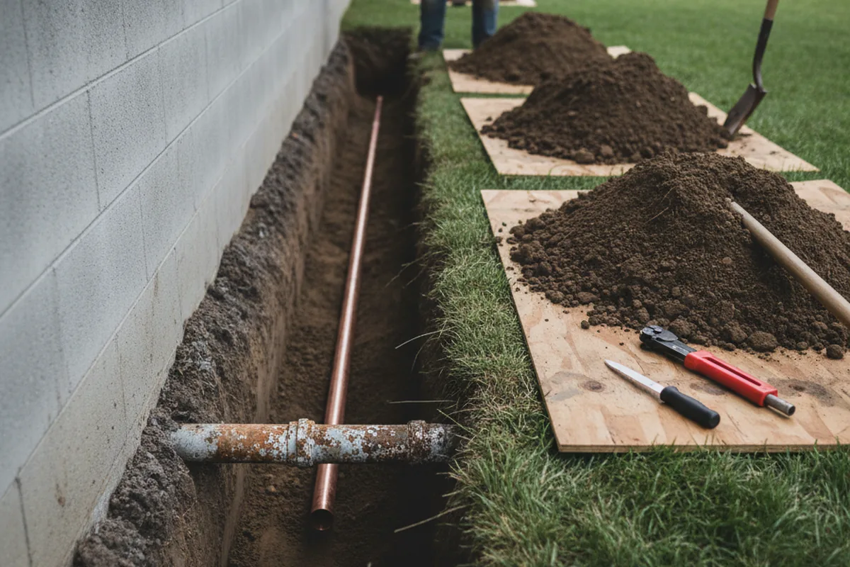 Excavated water line trench during Water Softener Installation in Pendleton